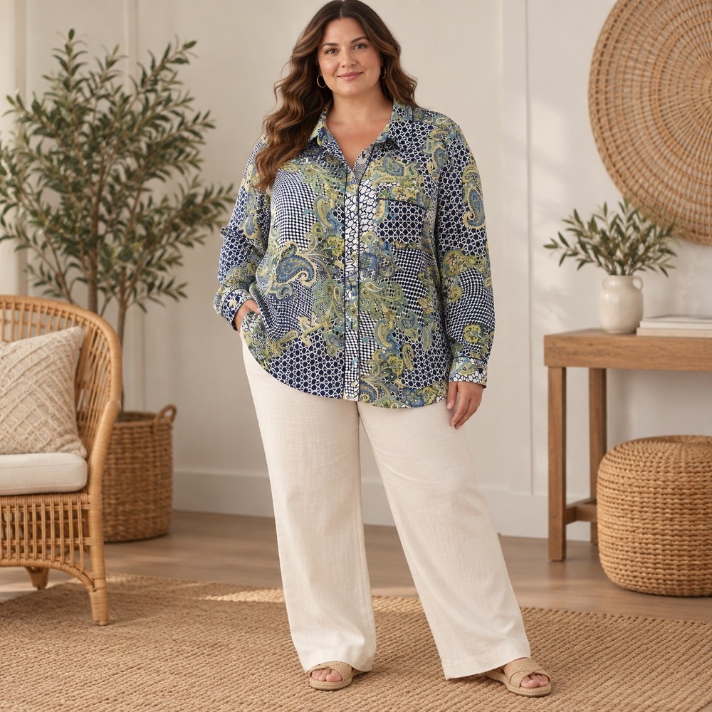 Liz Claiborne Woman Paisley Blouse 3X Navy Multicolor Boho Button Front